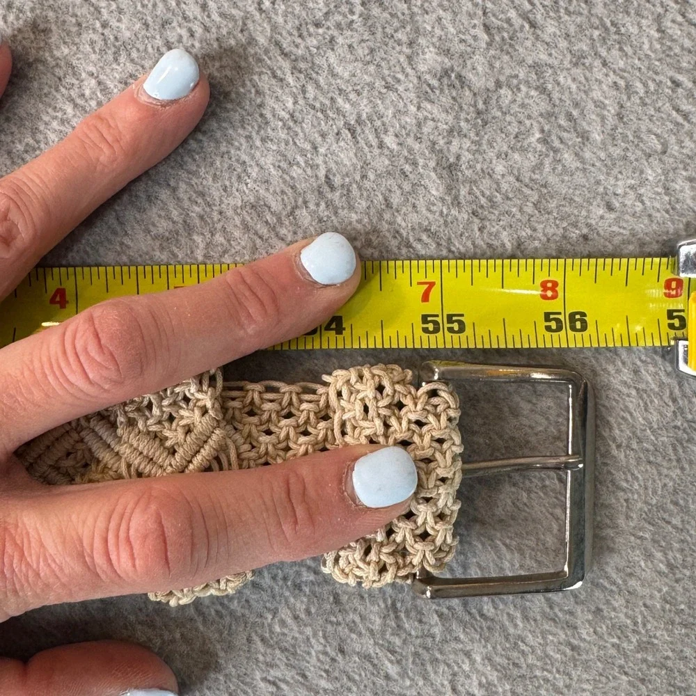 Vintage Beige Macrame Woven Belt Diamond Pattern‎ Boho Silver Buckle 55 Inch